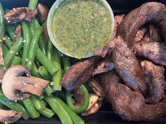 Skirt Steak Chimichurri with Green Beans and Mushrooms
